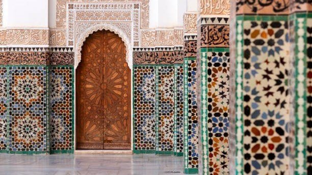 The majestic zellij tilework of the Madrasa Ben Youssef in Marrakech